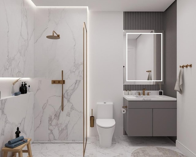 51 Willard Rd, Weston, MA 02493 - bathroom featuring marble tiled floors, a marble finish shower, vanity, and stone wall