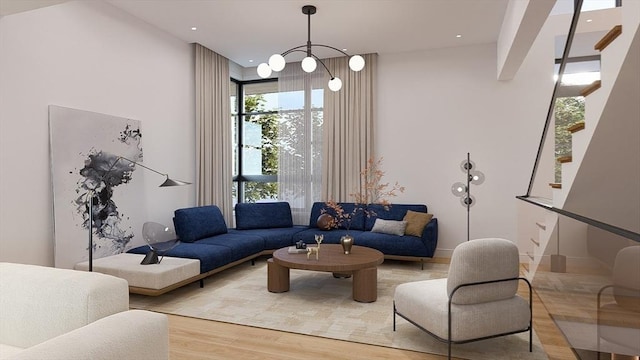 51 Willard Rd, Weston, MA 02493 - living room with stairs, light wood-type flooring, a chandelier, and recessed lighting