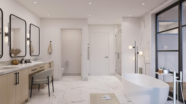 51 Willard Rd, Weston, MA 02493 - bathroom with a soaking tub, double vanity, a shower stall, marble finish flooring, and recessed lighting