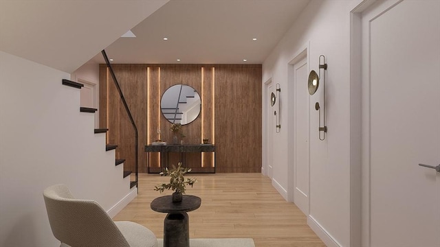51 Willard Rd, Weston, MA 02493 - hall featuring stairs, light wood-type flooring, wooden walls, and recessed lighting