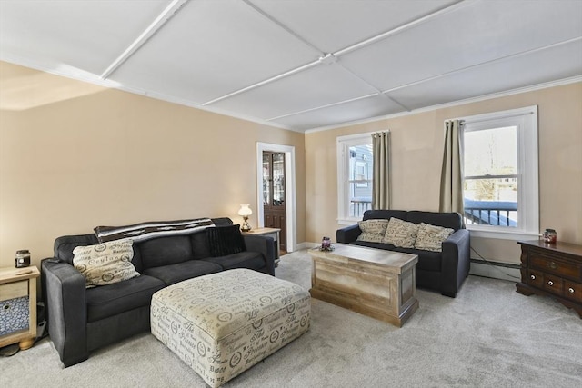 carpeted living room featuring a baseboard heating unit