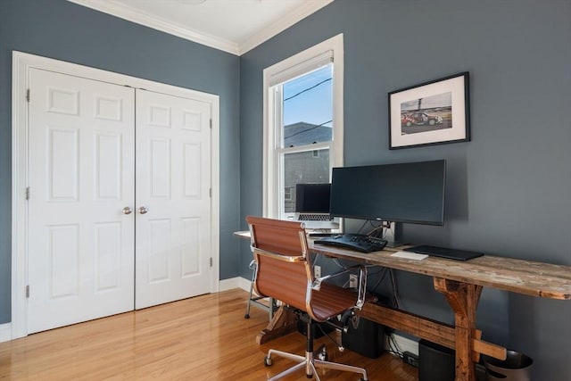 office area with crown molding and wood-type flooring