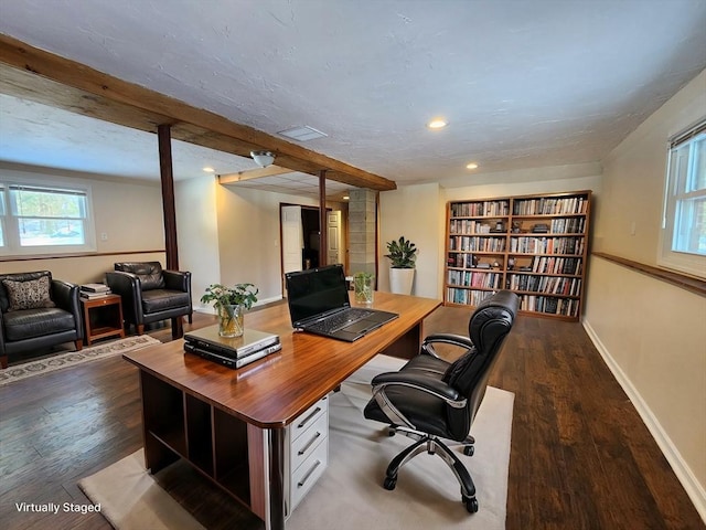 office space with baseboards, dark wood finished floors, beamed ceiling, a textured ceiling, and recessed lighting