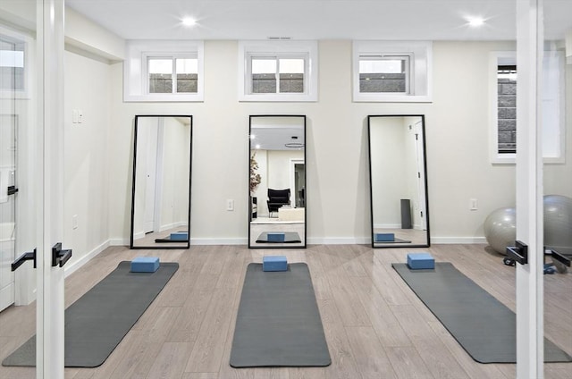 109 Wiswall Rd, Newton, MA 02459 - exercise room featuring baseboards, light wood-type flooring, french doors, recessed lighting, and a high ceiling