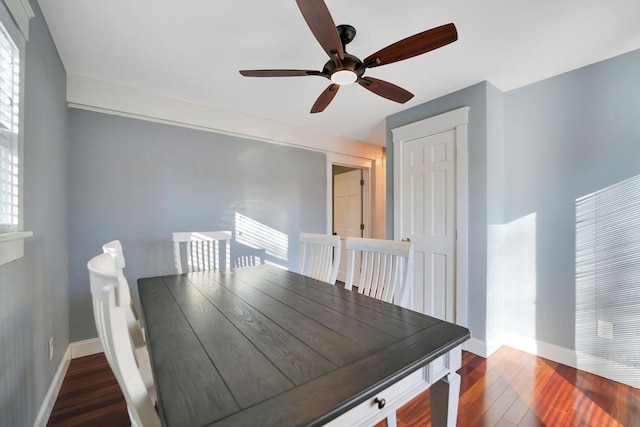 unfurnished dining area with ceiling fan and dark wood-type flooring