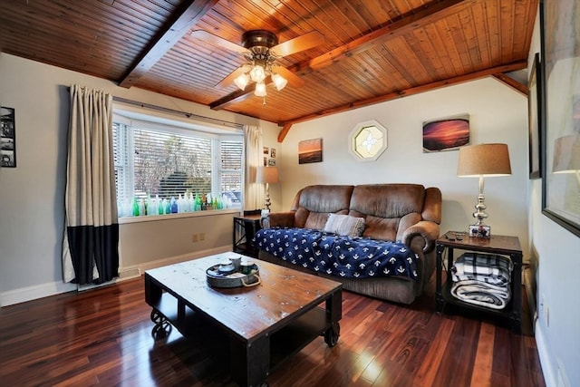 living room featuring dark wood-type flooring, ceiling fan, and wood ceiling