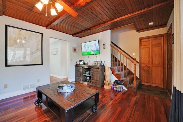 living room with ceiling fan, dark wood-type flooring, beamed ceiling, and wood ceiling