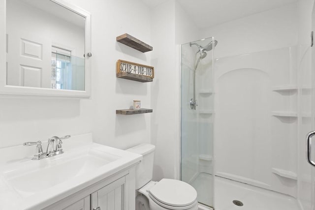 bathroom featuring toilet, a stall shower, and vanity