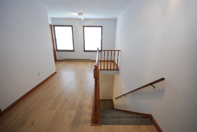 343 Chicopee St Unit 41, Chicopee, MA 01013 - staircase with a baseboard radiator, wood finished floors, and baseboards