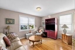 living area with baseboards and light wood finished floors