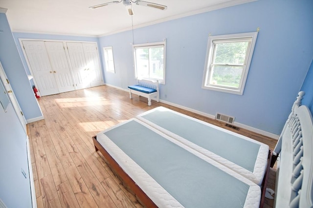 38 Kimball Beach Rd, Hingham, MA 02043 - bedroom featuring radiator heating unit, light wood-style floors, ornamental molding, baseboards, and multiple closets