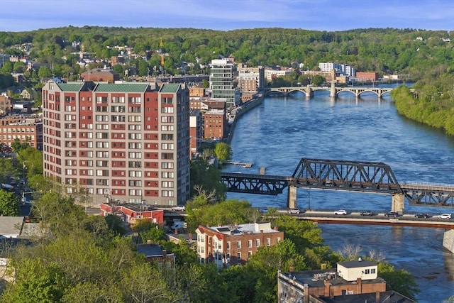 72 River St Unit 2, Haverhill, MA 01832 - aerial view of a notable bridge, a nearby body of water, and a forest
