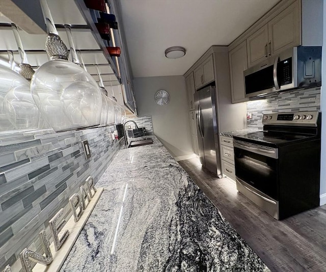 20 Meadowbrook Ln Unit 20, Palmer, MA 01069 - kitchen with appliances with stainless steel finishes, decorative backsplash, gray cabinetry, and dark wood-style floors