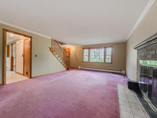 unfurnished living room with baseboard heating, a brick fireplace, light colored carpet, and ornamental molding