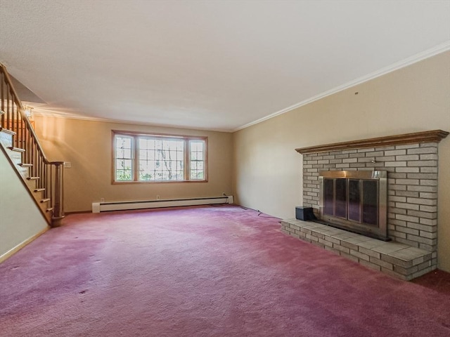 unfurnished living room featuring carpet, baseboard heating, and crown molding