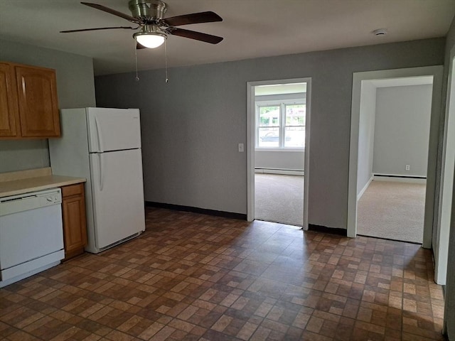 429 Mechanic St, Leominster, MA 01453 - kitchen featuring white appliances, brick patterned floors, a baseboard radiator, a ceiling fan, and light countertops