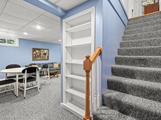 71 Nourse St, Westborough, MA 01581 - stairs featuring recessed lighting, carpet, and a drop ceiling