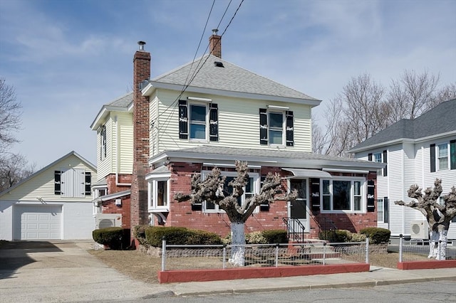 view of front of home featuring a fenced front yard, brick siding, a garage, and a chimney