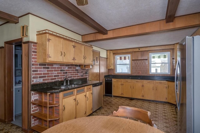 kitchen with beam ceiling, open shelves, stainless steel appliances, and a sink