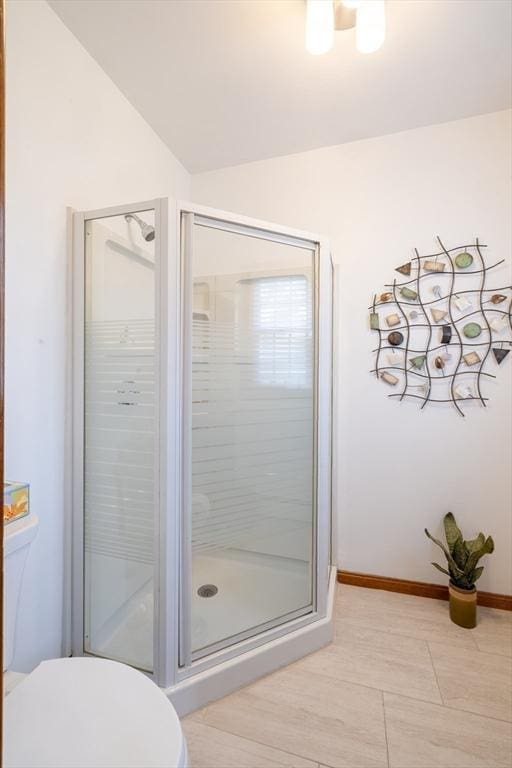 4 Fall St, Malden, MA 02148 - full bath featuring toilet, a stall shower, baseboards, and lofted ceiling