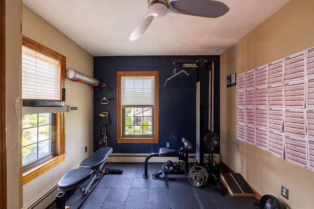 4 Fall St, Malden, MA 02148 - exercise area with ceiling fan, baseboards, and a baseboard heating unit