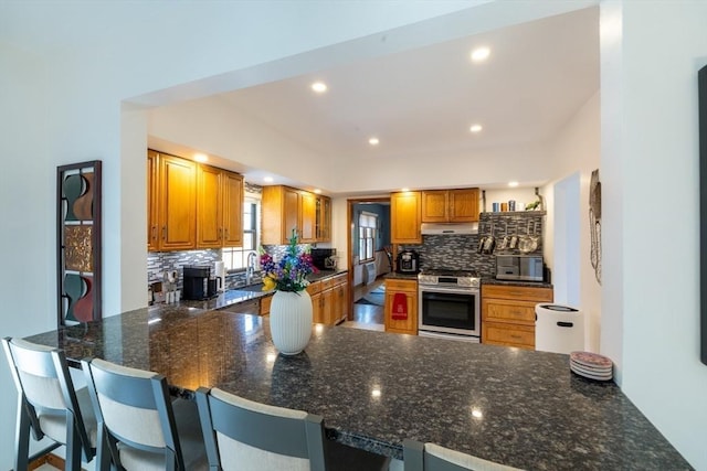 4 Fall St, Malden, MA 02148 - kitchen featuring stainless steel range with gas cooktop, under cabinet range hood, a peninsula, backsplash, and a sink