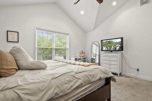 116 Pilgrim Rd Unit 116, Haverhill, MA 01832 - bedroom with multiple windows, light colored carpet, high vaulted ceiling, recessed lighting, and a ceiling fan