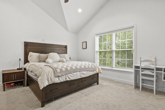 116 Pilgrim Rd Unit 116, Haverhill, MA 01832 - bedroom featuring light colored carpet, ceiling fan, and high vaulted ceiling