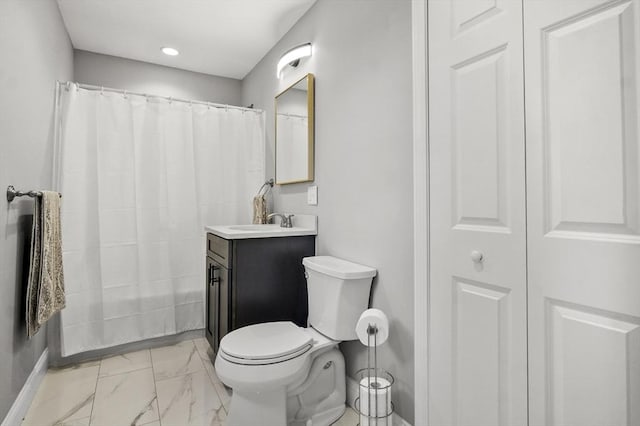116 Pilgrim Rd Unit 116, Haverhill, MA 01832 - full bathroom featuring marble finish flooring, vanity, a shower with shower curtain, and recessed lighting