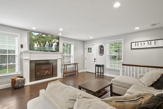 116 Pilgrim Rd Unit 116, Haverhill, MA 01832 - living room with recessed lighting, plenty of natural light, a fireplace, and wood finished floors