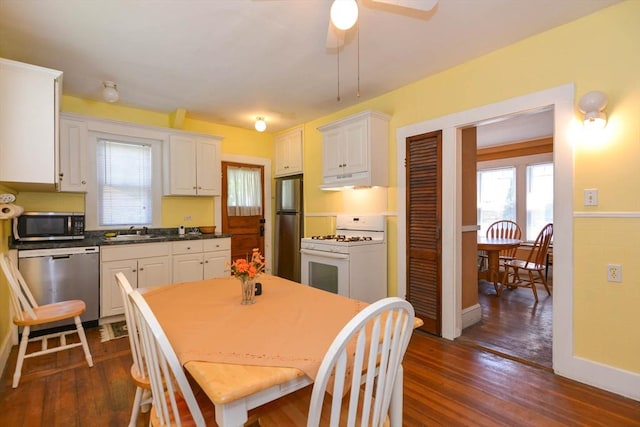 25 Maple Ave, Everett, MA 02149 - kitchen with stainless steel appliances, white cabinetry, under cabinet range hood, and dark wood finished floors