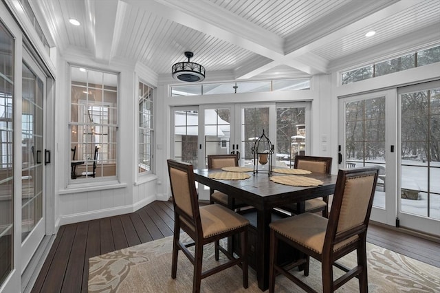 sunroom with french doors, coffered ceiling, and beam ceiling