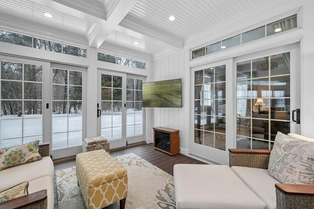 sunroom / solarium with coffered ceiling and beam ceiling