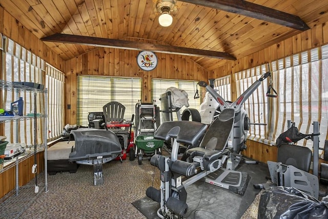 interior space featuring wood ceiling, wooden walls, and vaulted ceiling