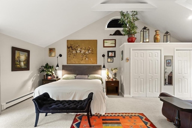 29 Day Ave, Hamilton, MA 01982 - carpeted bedroom featuring a baseboard heating unit, lofted ceiling, baseboards, and two closets