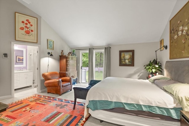 29 Day Ave, Hamilton, MA 01982 - bedroom featuring access to exterior, lofted ceiling, light colored carpet, a sink, and connected bathroom
