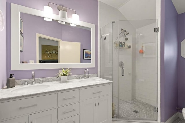 29 Day Ave, Hamilton, MA 01982 - bathroom with a shower stall, double vanity, toilet, and vaulted ceiling