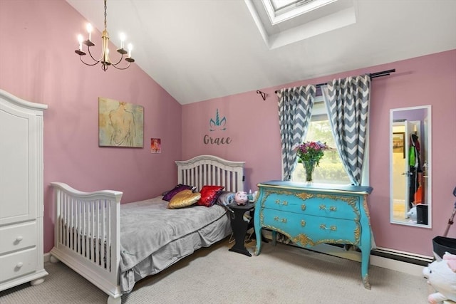 29 Day Ave, Hamilton, MA 01982 - carpeted bedroom featuring lofted ceiling, a skylight, and a chandelier