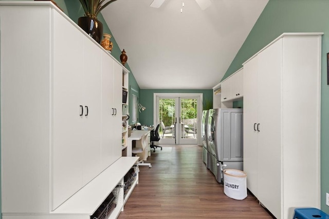 29 Day Ave, Hamilton, MA 01982 - mudroom with washer and clothes dryer, vaulted ceiling, dark wood finished floors, and a ceiling fan
