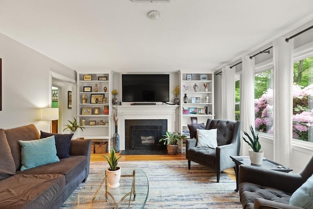 29 Day Ave, Hamilton, MA 01982 - living area with a fireplace, wood finished floors, and built in shelves