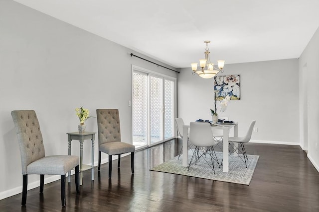 dining area with baseboards, an inviting chandelier, and dark wood-style floors