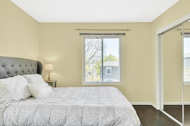 bedroom with baseboards, a closet, wood finished floors, and multiple windows