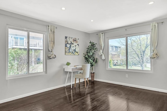 office with recessed lighting, baseboards, visible vents, and wood finished floors