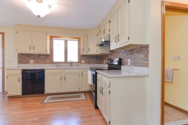 75 Columbus Ave Unit 75, Waltham, MA 02451 - kitchen featuring black dishwasher, stainless steel electric range oven, a sink, under cabinet range hood, and tasteful backsplash