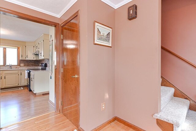 75 Columbus Ave Unit 75, Waltham, MA 02451 - hallway featuring light wood-style floors, ornamental molding, a sink, baseboards, and stairway