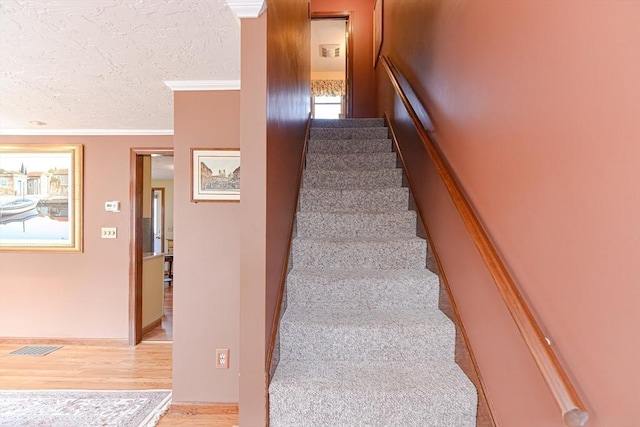 75 Columbus Ave Unit 75, Waltham, MA 02451 - stairway featuring wood finished floors, a textured ceiling, and crown molding
