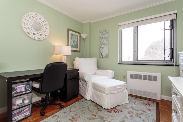 home office featuring baseboards, ornamental molding, and radiator heating unit