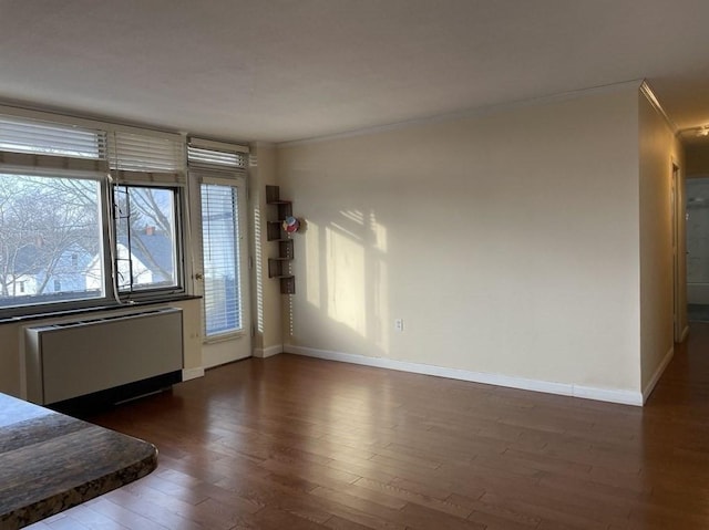 interior space with radiator, wood finished floors, baseboards, and ornamental molding