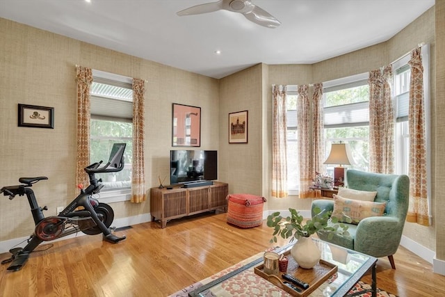 5 Mendell Way Unit 1, Boston, MA 02130 - living area with healthy amount of natural light, wood finished floors, a ceiling fan, and wallpapered walls