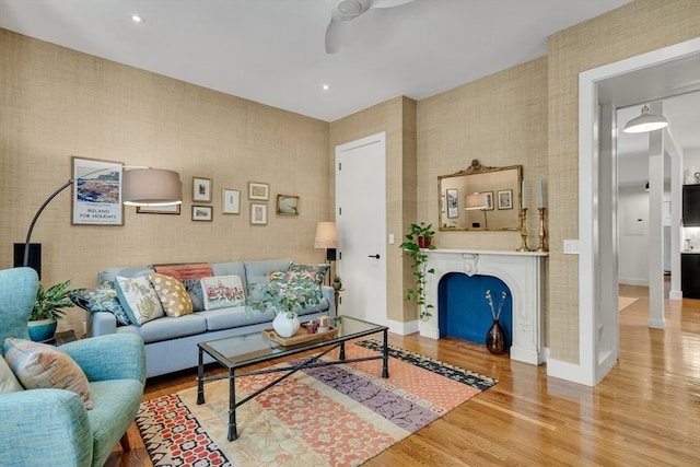 5 Mendell Way Unit 1, Boston, MA 02130 - living area featuring ceiling fan, wood finished floors, a fireplace, and recessed lighting
